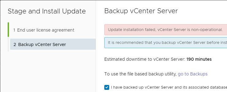 “Update installation failed, vCenter server is non-operational” – Super easy fix
